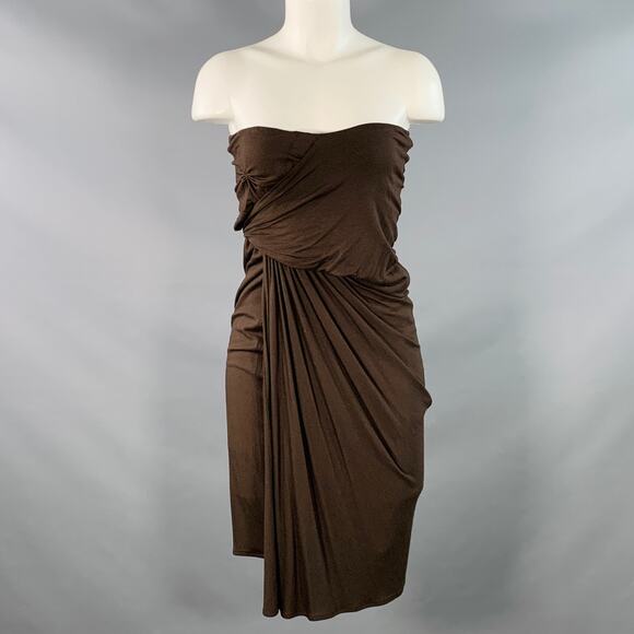 DONNA KARAN Size M Brown Viscose Blend Ruched Strapless Sweetheart Dress - Picture 1 of 5